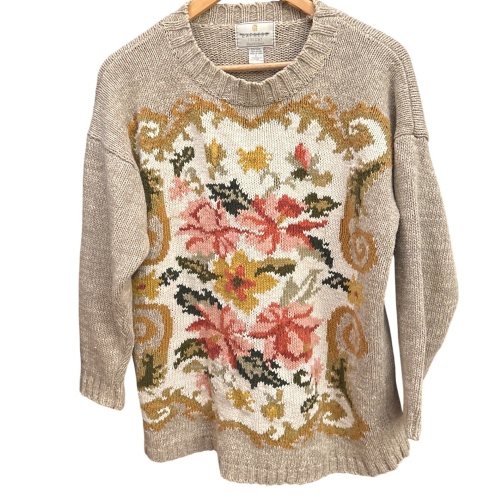 Vintage 80s Express Tricot Handknit Romantic Floral Cottagecore Sweater